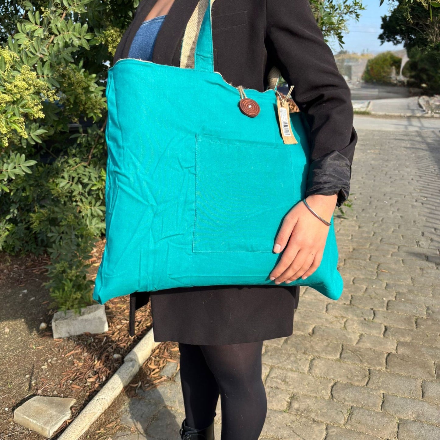 Bolsa Grande Reversible de Yute y Algodón - Verde Azulado