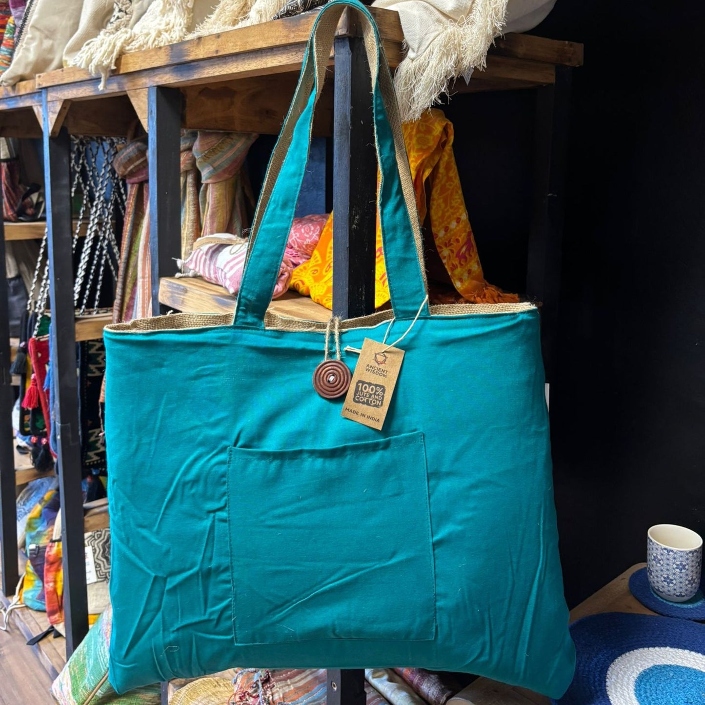 Bolsa Grande Reversible de Yute y Algodón - Verde Azulado