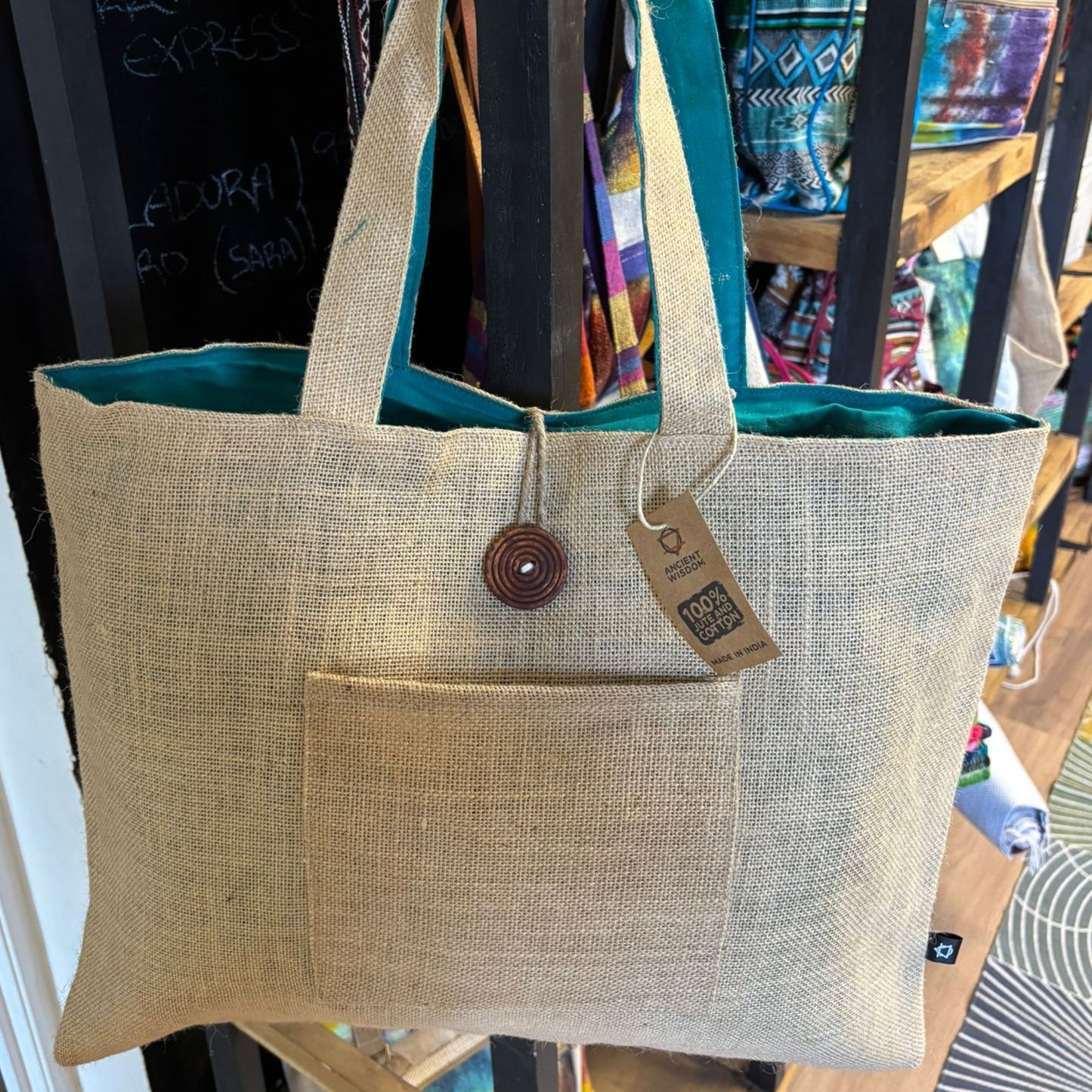 Bolsa Grande Reversible de Yute y Algodón - Verde Azulado