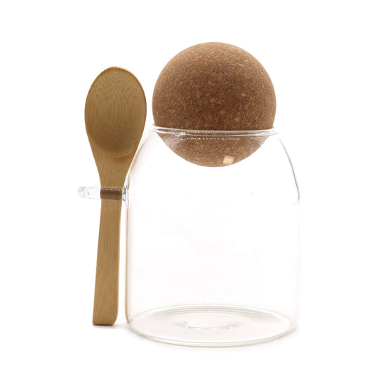 Tarro de cristal Cottage con bola de corcho y cuchara - 10 cm
