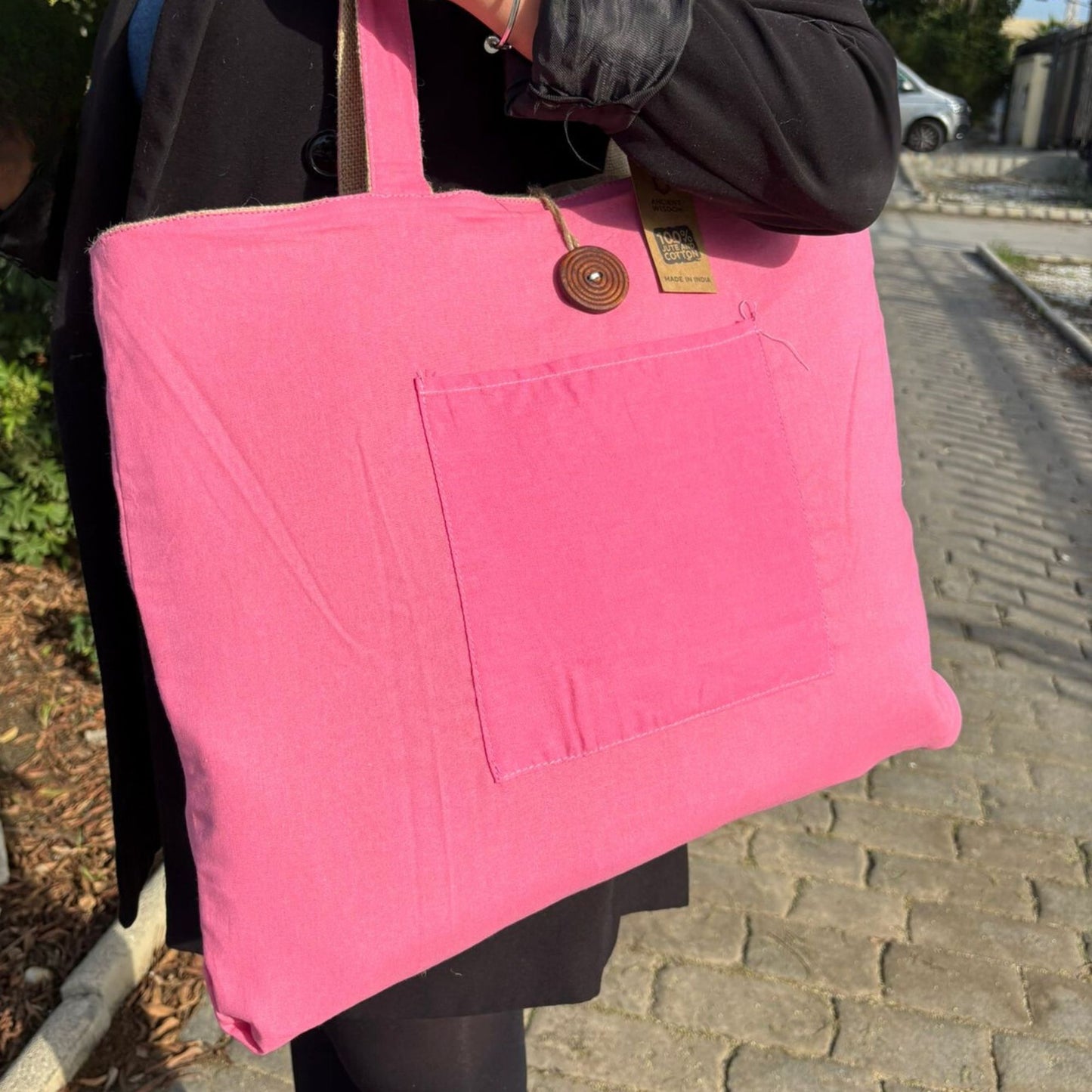 Bolsa Grande Reversible de Yute y Algodón - Rosa